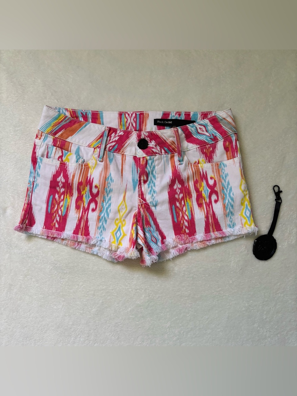 Black Orchid Pink Multi Ikat-Print Denim Shorts